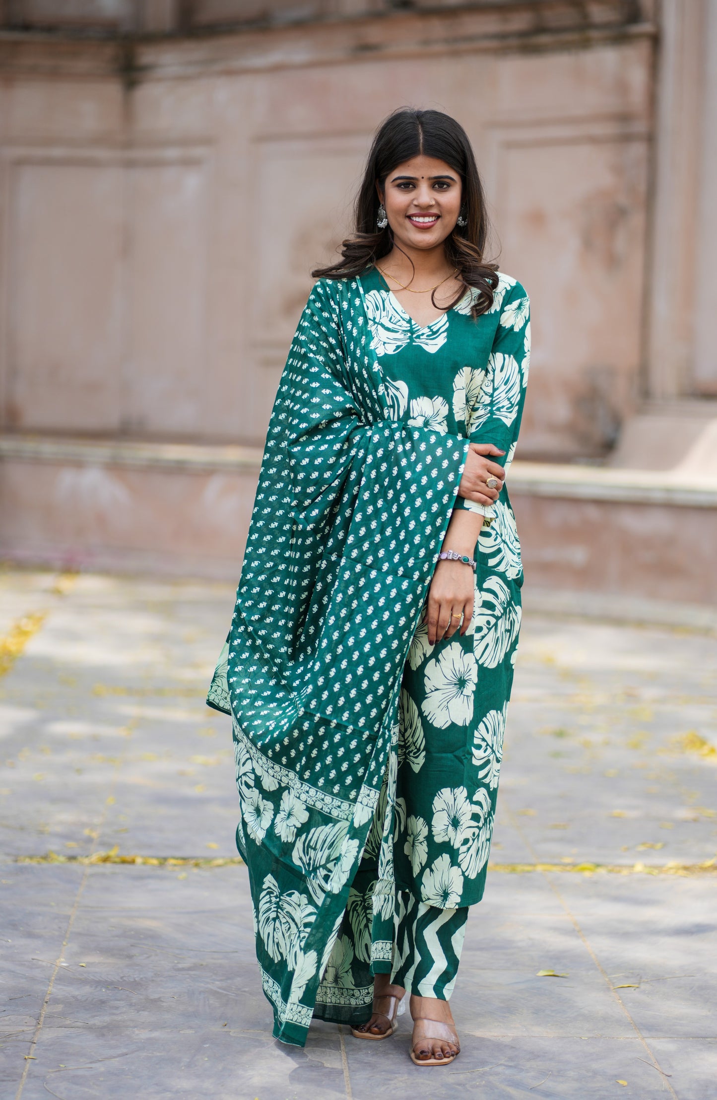 Bahe Kurtiz cotton handblock printed V neck straight Kurta and pant with Dupatta set