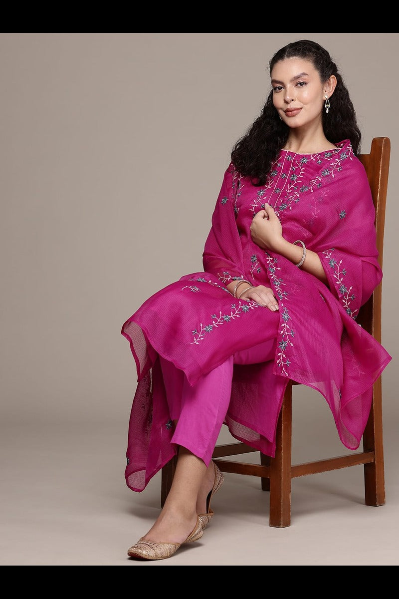 Bahe Kurtiz Pink Pure Kota Doriya Kurta Pant Dupatta Set for Women