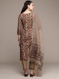 Bahe Kurtiz Pure Cotton Beige Hand Block Printed Kurta Pant Dupatta Set for Women