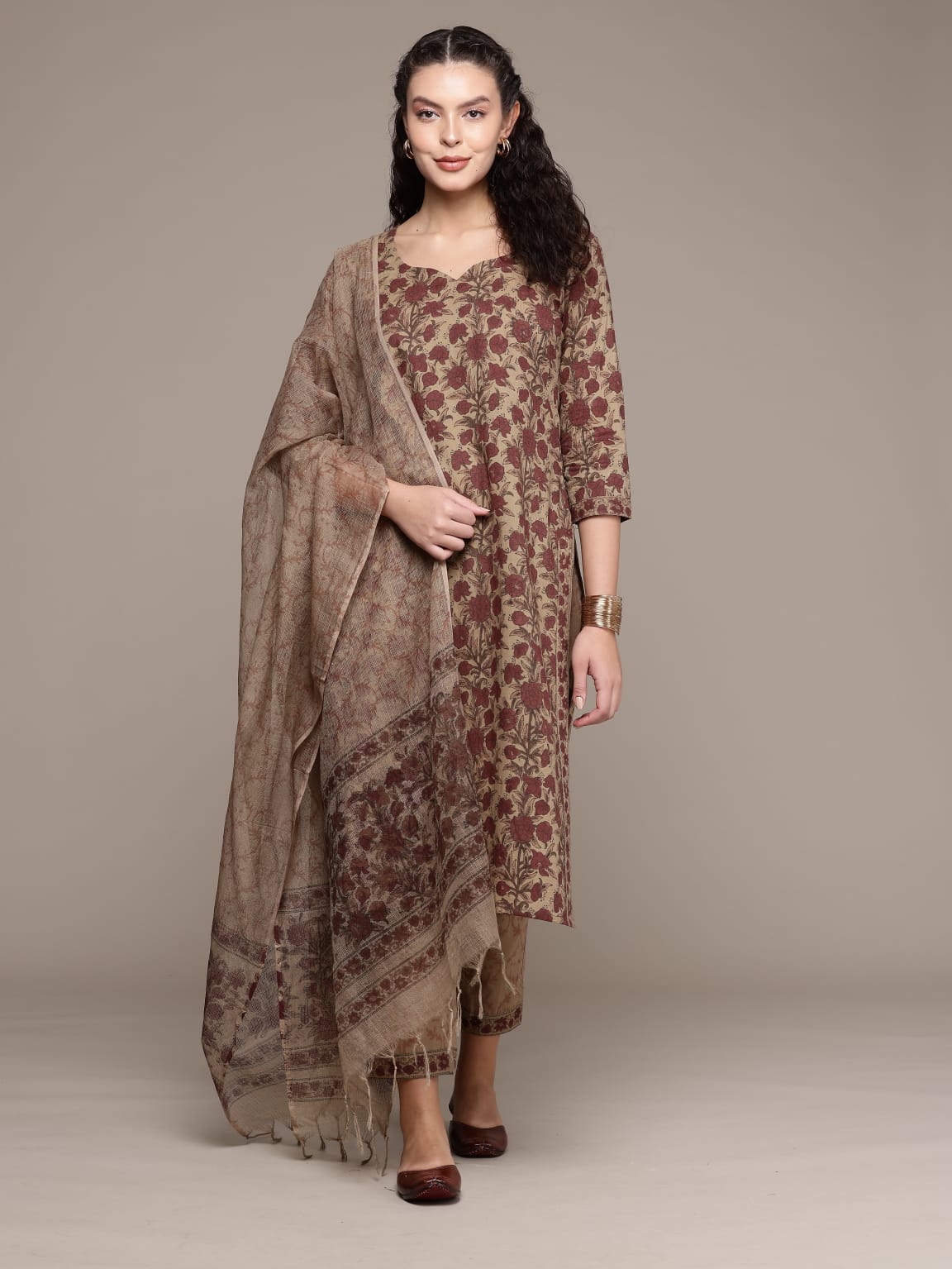 Bahe Kurtiz Pure Cotton Beige Hand Block Printed Kurta Pant Dupatta Set for Women