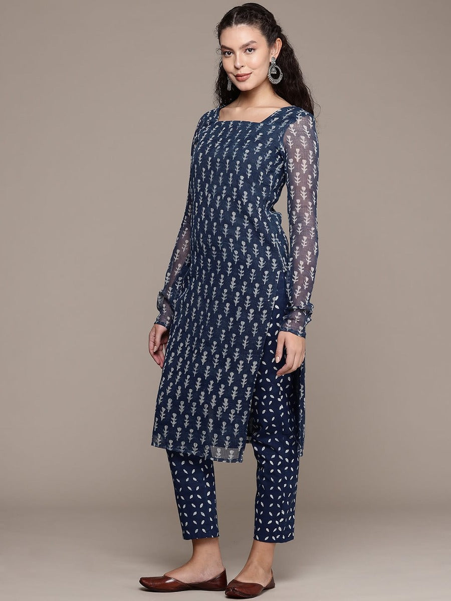 Bahe Kurtiz Pure Kota Doriya Indigo Hand Block Printed Kurta Pant Dupatta Set for Women