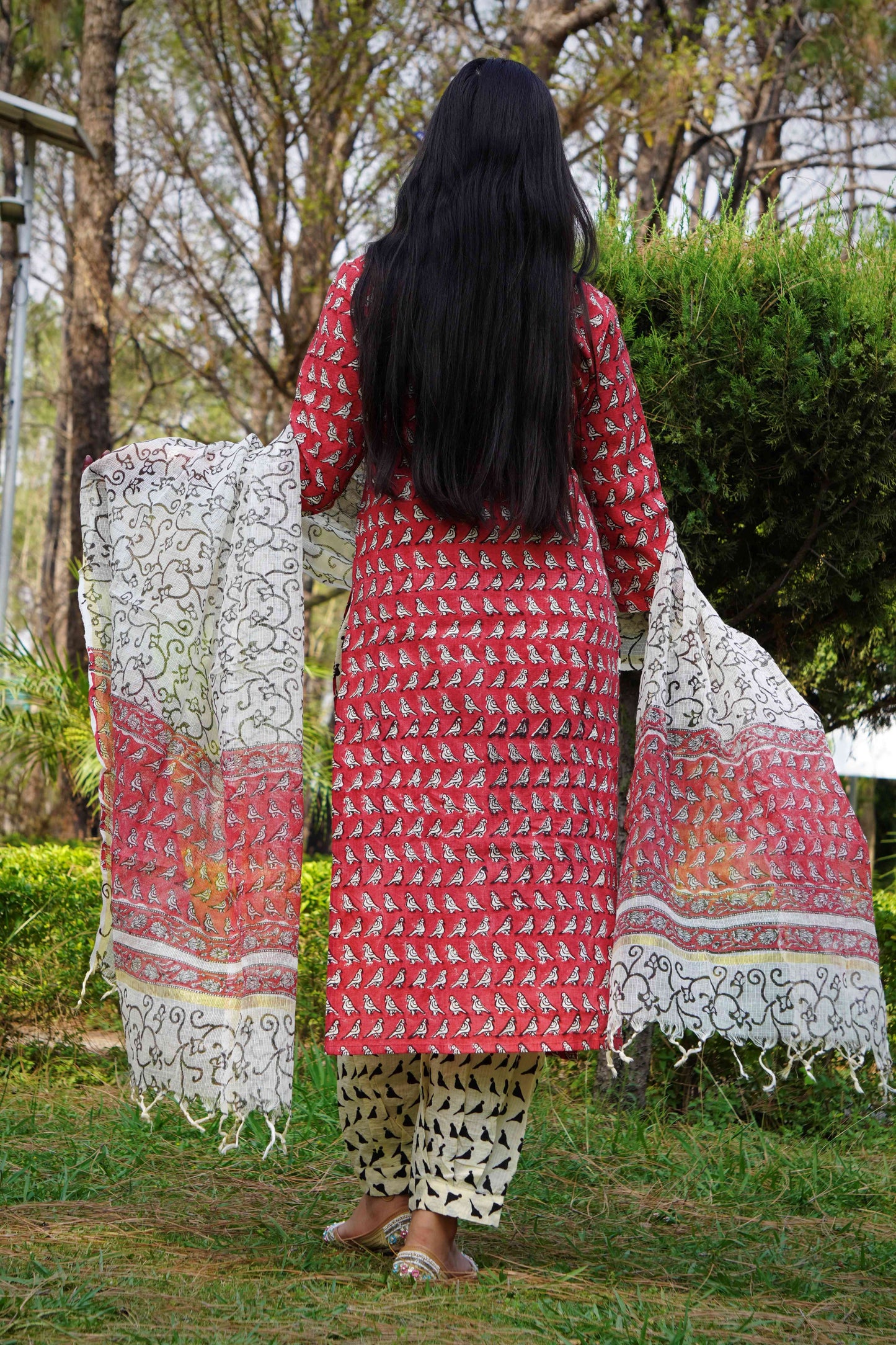 Red Handblock Printed Cotton Kurta Set with Printed Dupatta for womens