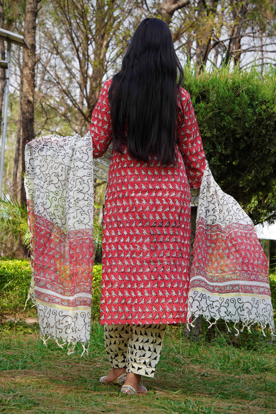 Red Handblock Printed Cotton Kurta Set with Printed Dupatta for womens