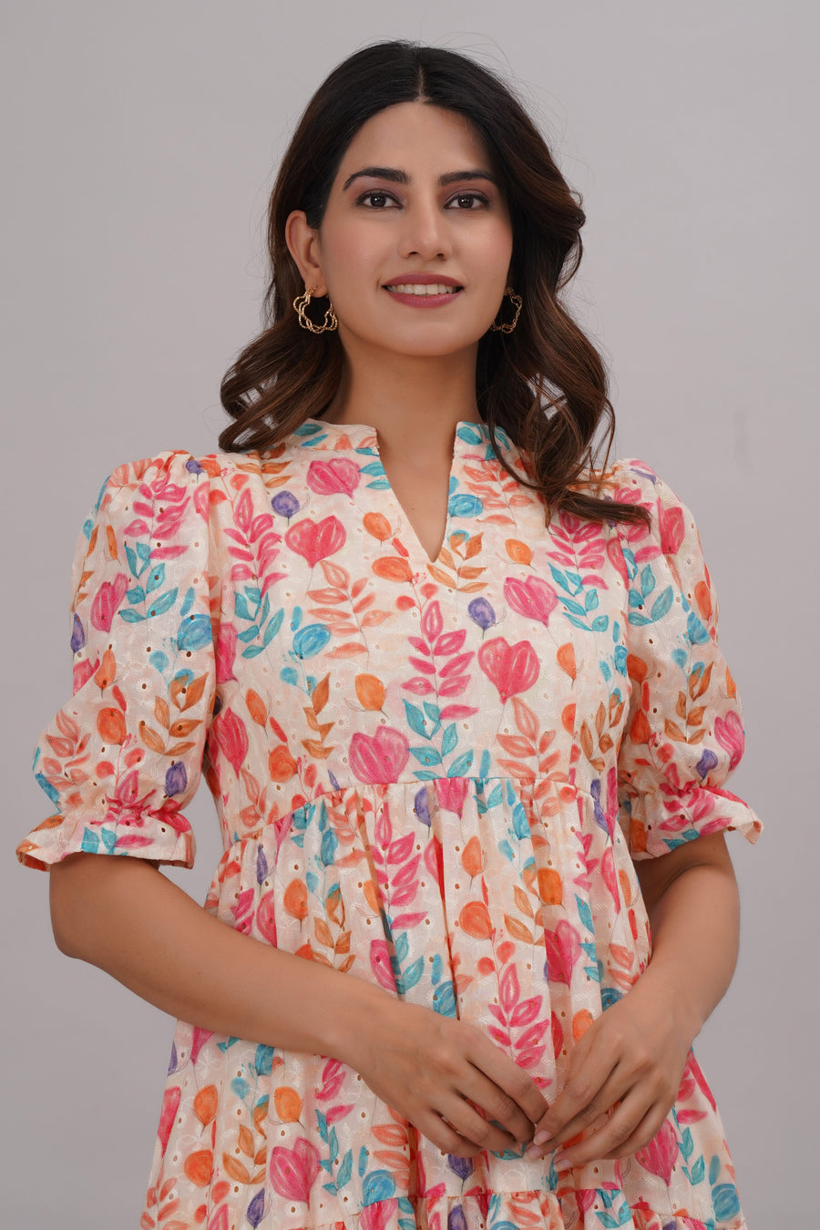 pure cotton schiffli digital printed short  dress