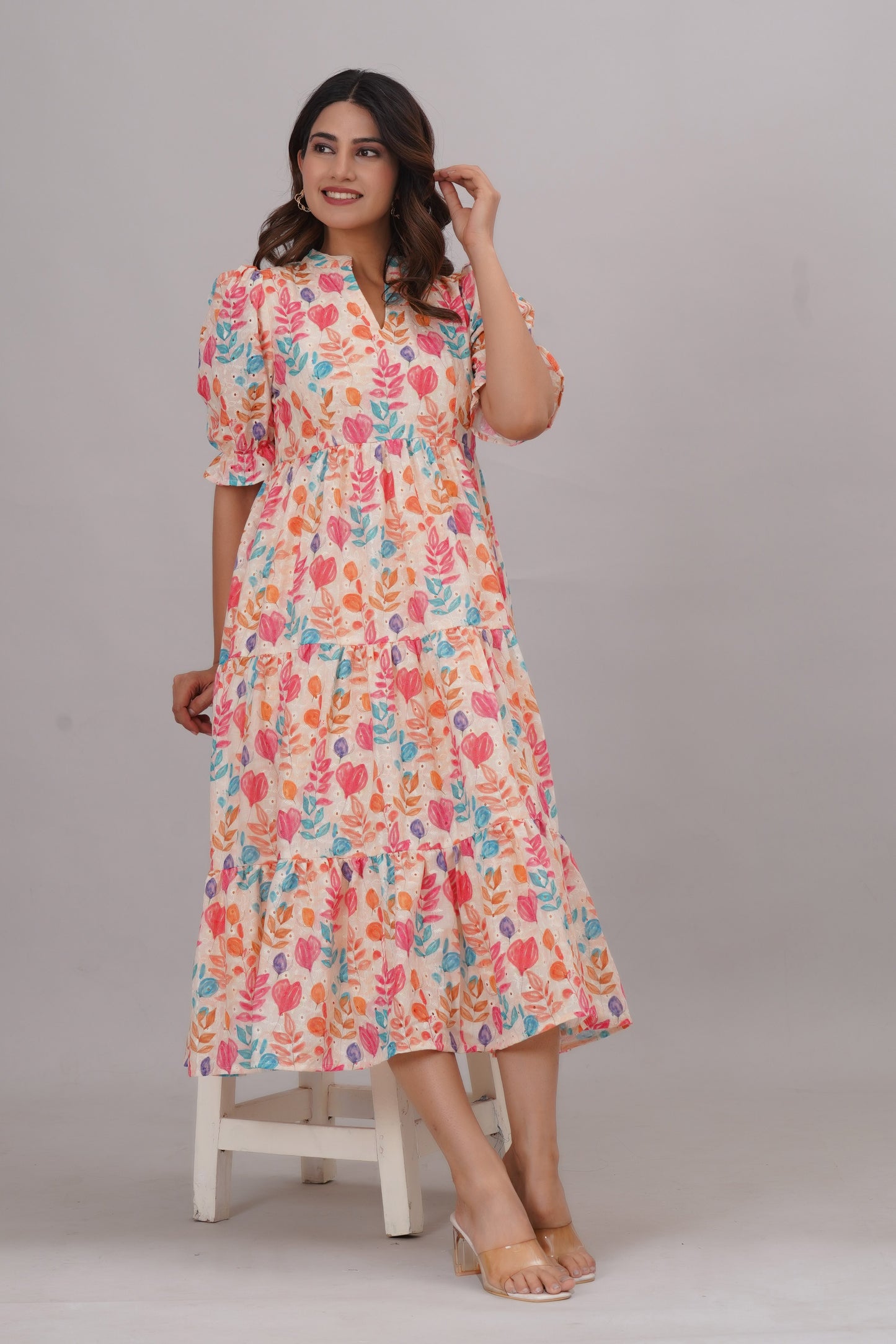 pure cotton schiffli digital printed short  dress