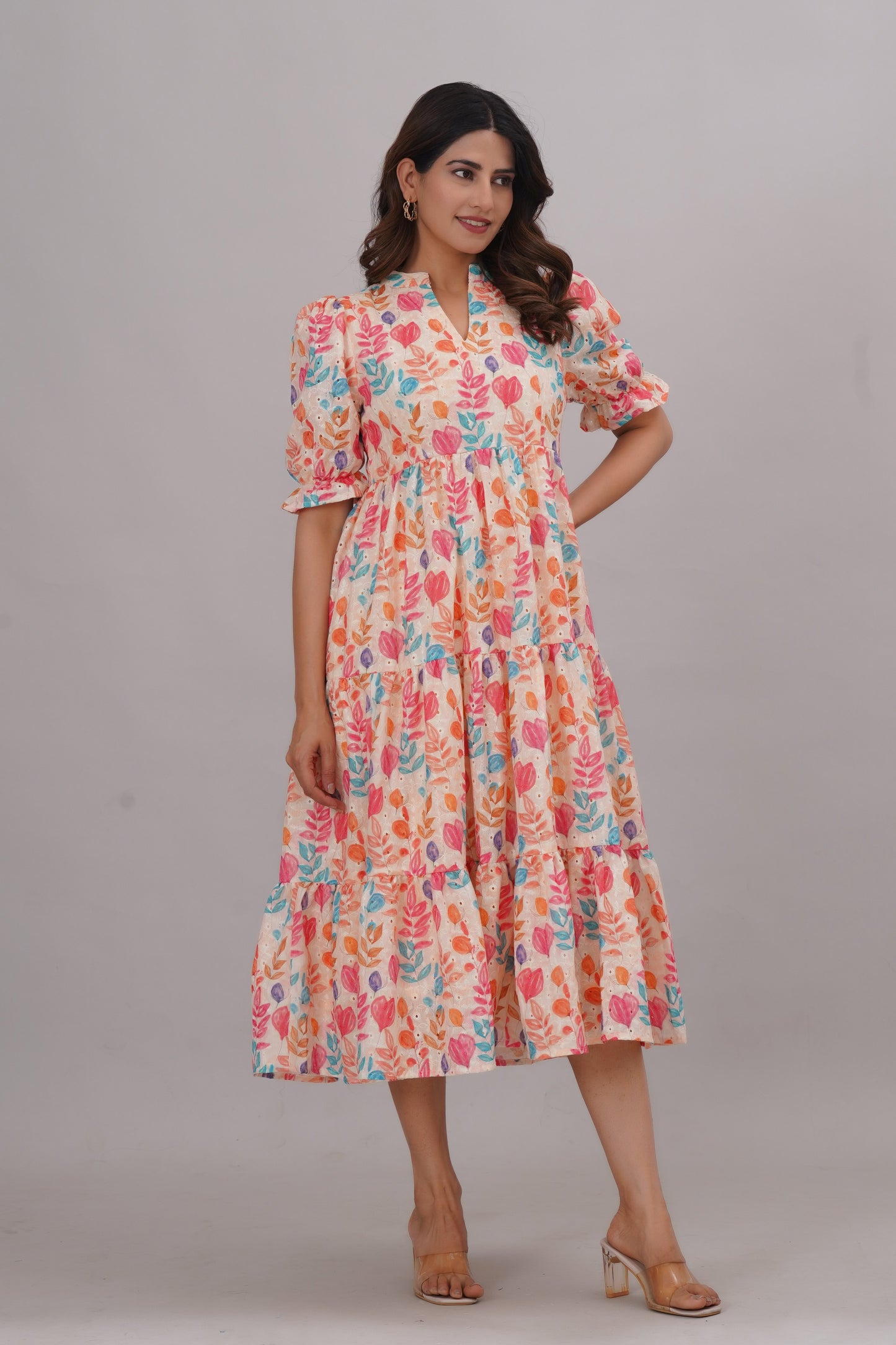 pure cotton schiffli digital printed short  dress