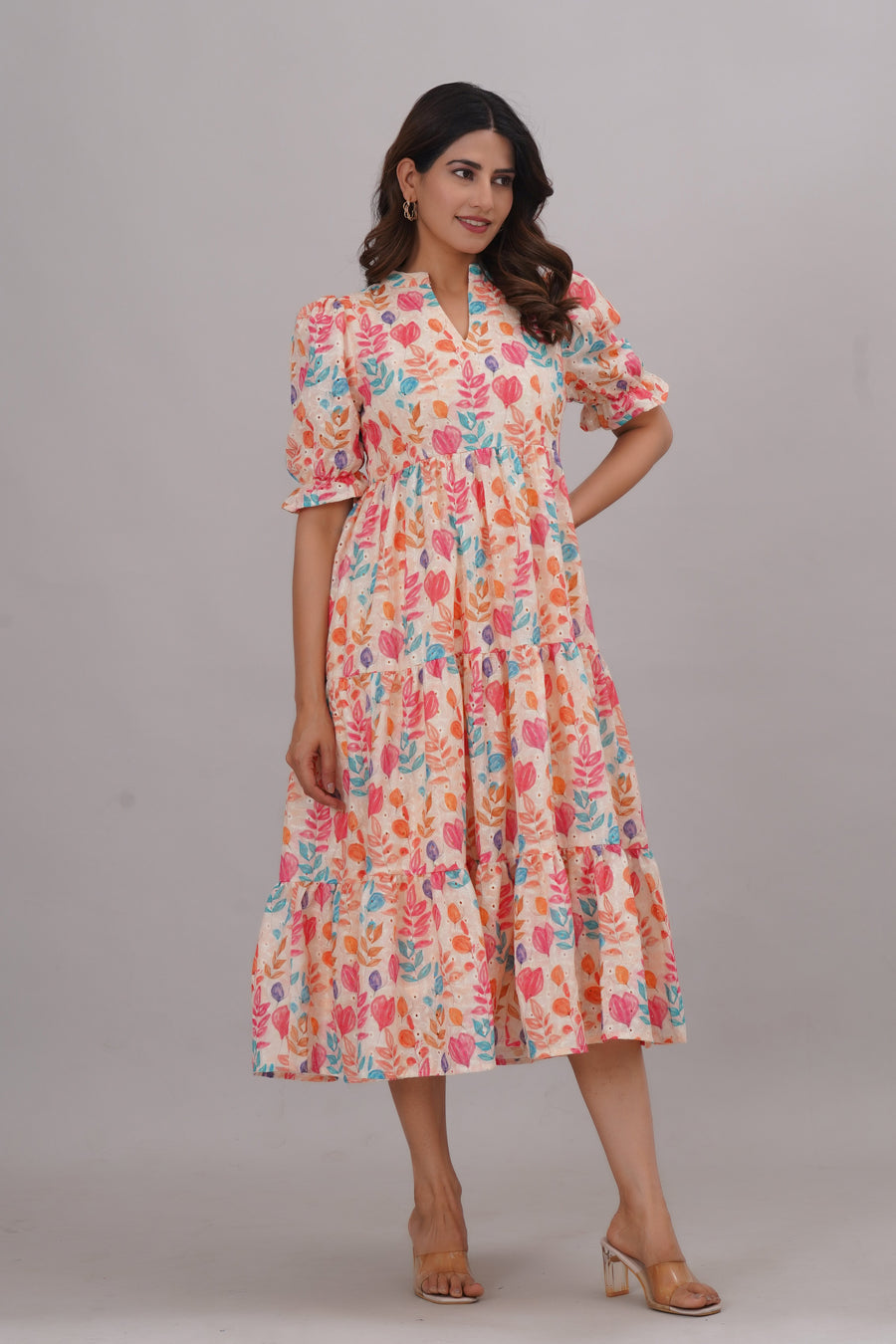 pure cotton schiffli digital printed short  dress