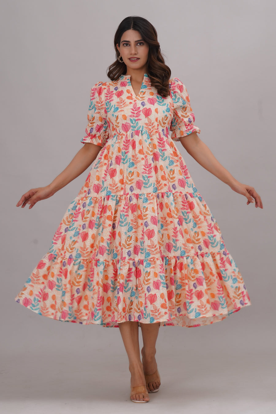 pure cotton schiffli digital printed short  dress