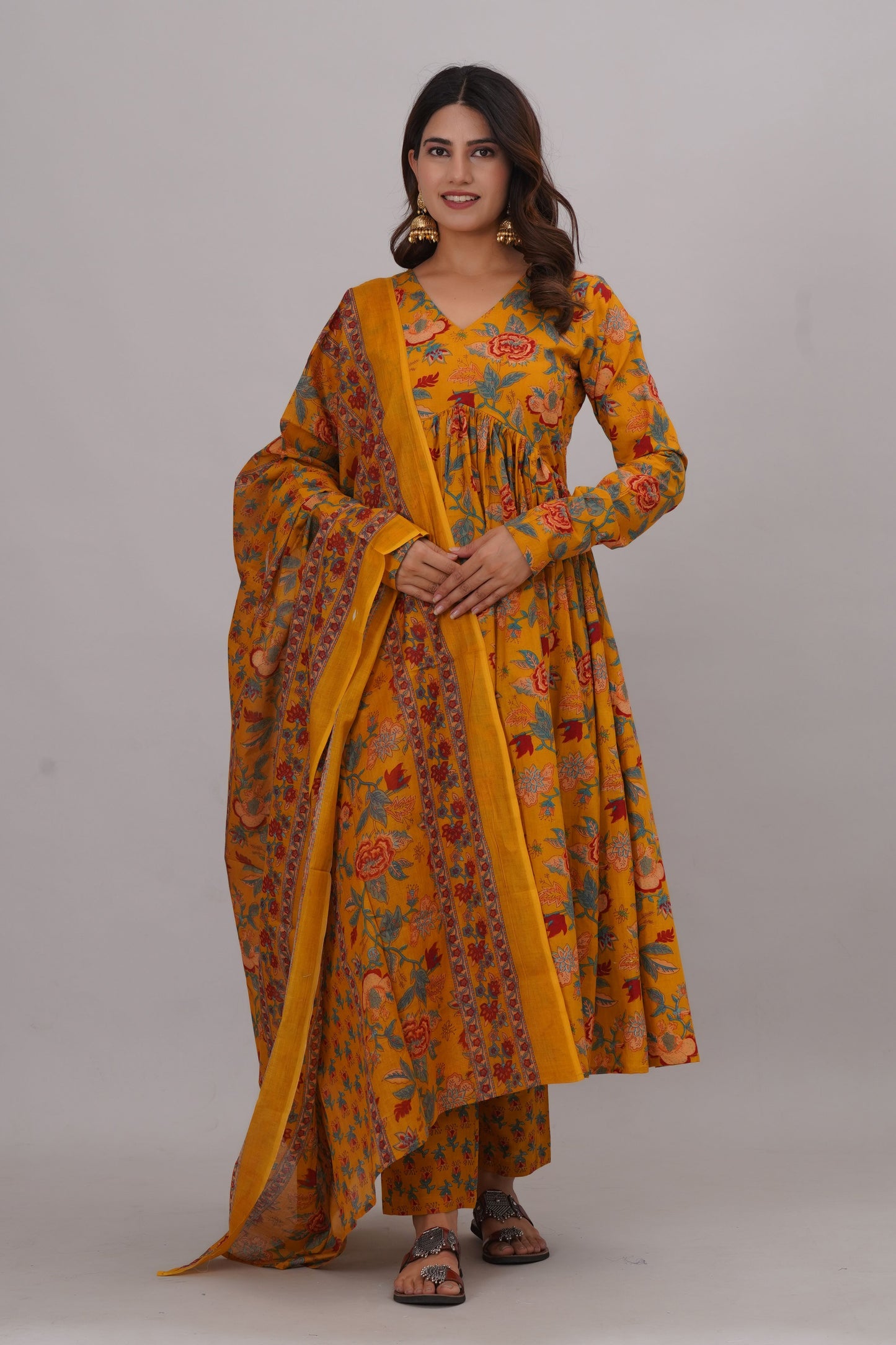 Bahe Kurtiz Pure cotton Women Floral Printed V-Neck Anarkali Aliya cut Kurta & pant With Dupatta
