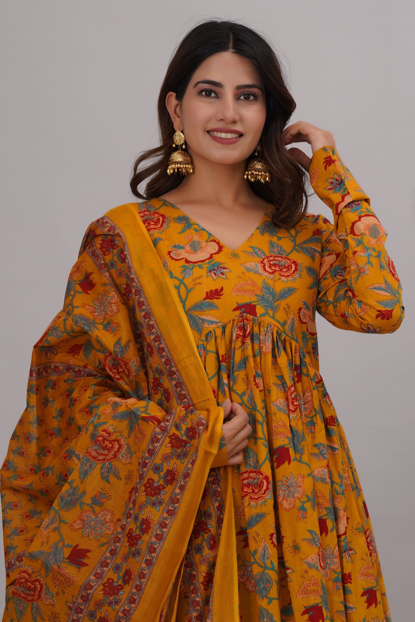 Bahe Kurtiz Pure cotton Women Floral Printed V-Neck Anarkali Aliya cut Kurta & pant With Dupatta