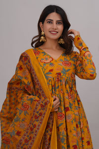 Bahe Kurtiz Pure cotton Women Floral Printed V-Neck Anarkali Aliya cut Kurta & pant With Dupatta