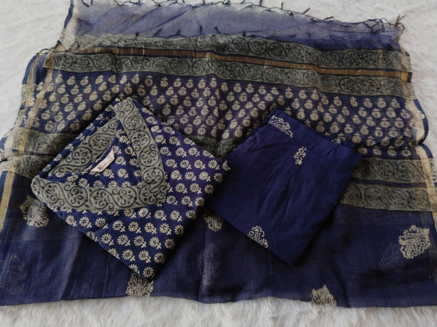 Bahe Kurtiz cotton handblock printed straight Kurta and pant with Dupatta set