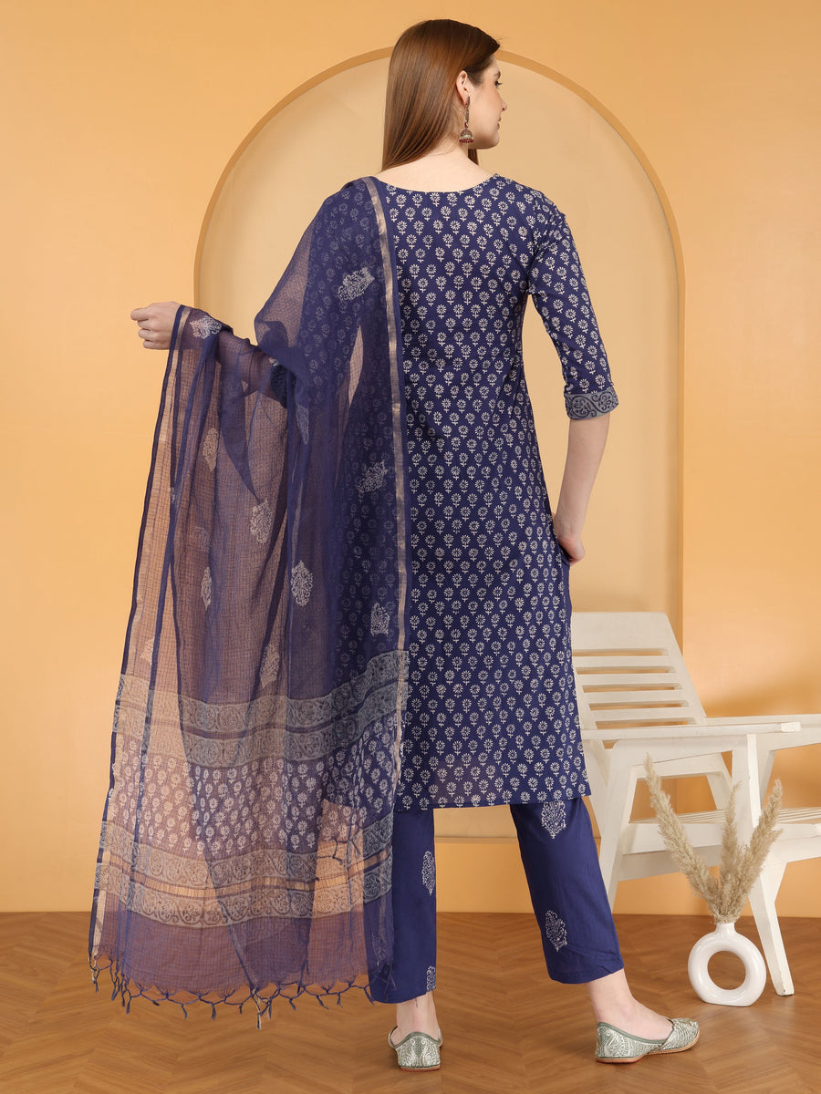 Bahe Kurtiz cotton handblock printed straight Kurta and pant with Dupatta set