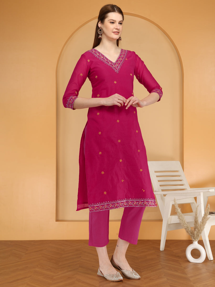 Bahe Kurtiz Rani pink Chanderi embroidary Kurta and pant with Dupatta set