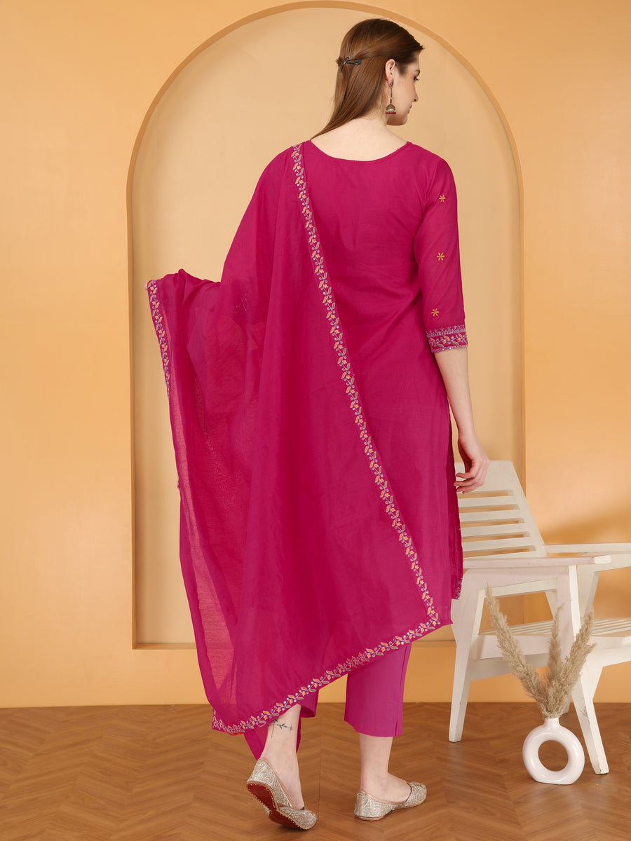 Bahe Kurtiz Rani pink Chanderi embroidary Kurta and pant with Dupatta set