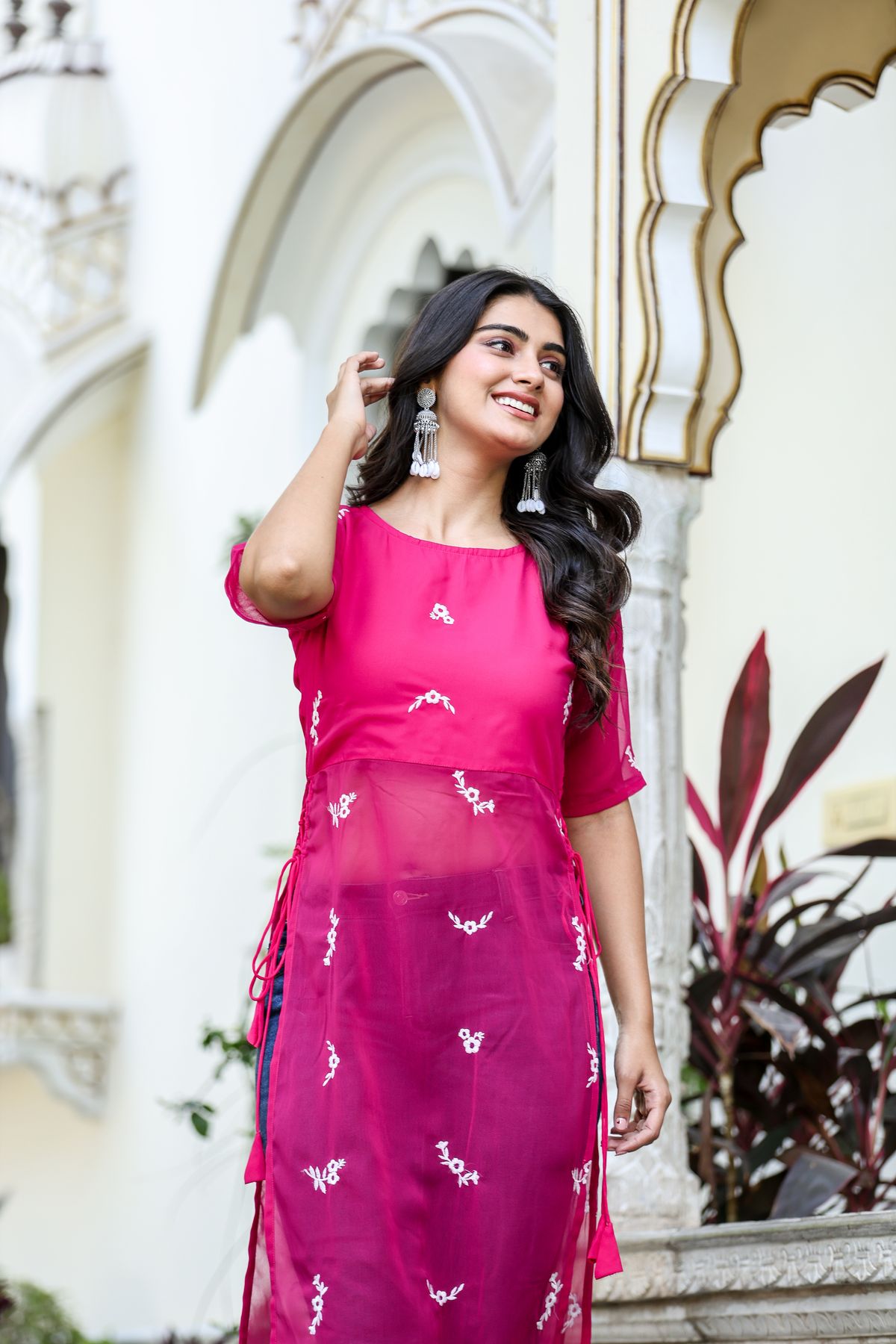 Rani Pink Embroidered Kurti with Side Tie-Up – Bahe Kurtiz